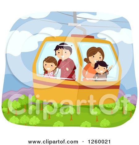 Clipart of a Stick Family Riding in a Gondola Cable Car over a Forest - Royalty Free Vector Illustration by BNP Design Studio
