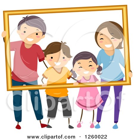 Clipart of a Happy Stick Family Posing and Holding a Frame - Royalty Free Vector Illustration by BNP Design Studio