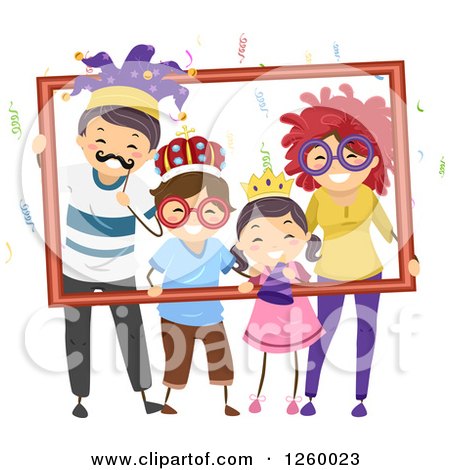 Clipart of a Happy Stick Family with Party Accessories, Posing and Holding a Frame - Royalty Free Vector Illustration by BNP Design Studio