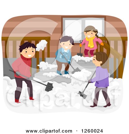 Clipart of a Happy Family Shoveling Snow Together - Royalty Free Vector Illustration by BNP Design Studio