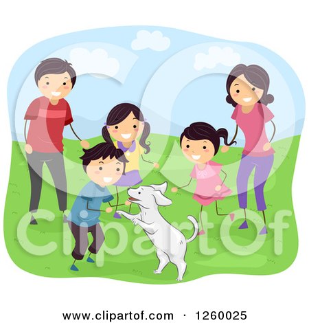 Clipart of a Happy Family Playing with Their Dog Outdoors - Royalty Free Vector Illustration by BNP Design Studio