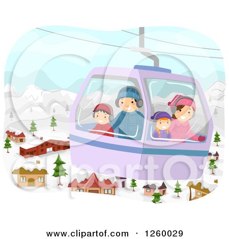 Clipart of a Happy Family Taking a Cable Car Gondola Ride over a Village in the Winter - Royalty Free Vector Illustration by BNP Design Studio