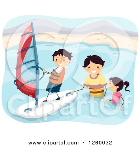 Clipart of a Father and Children Wind Surfing - Royalty Free Vector Illustration by BNP Design Studio