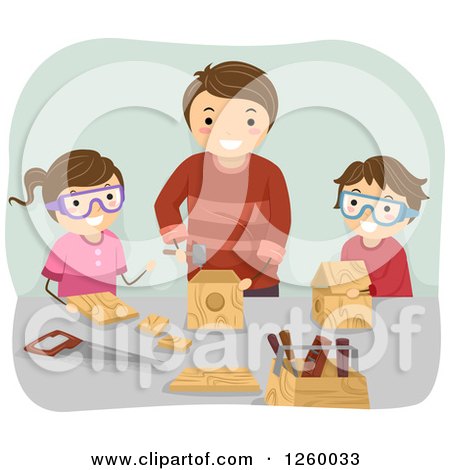 Clipart of a Father and Children Doing Woodwork - Royalty Free Vector Illustration by BNP Design Studio