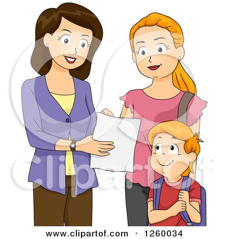 Clipart of a White Female Teacher Discussing a Boy's Progress with His Mother - Royalty Free Vector Illustration by BNP Design Studio