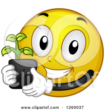 Clipart of a Happy Emoticon Holding a Seedling Plant - Royalty Free Vector Illustration by BNP Design Studio