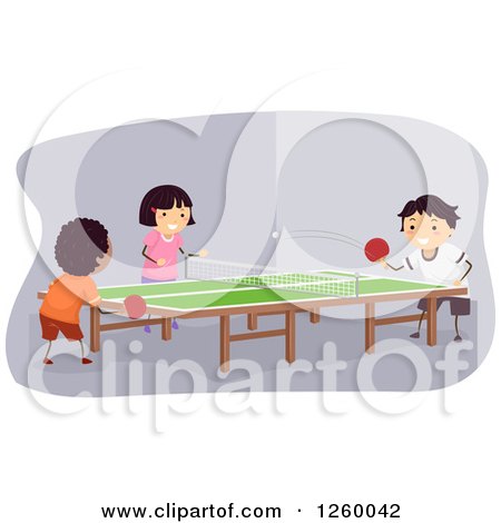 Clipart of a Girl and Boys Playing Table Tennis Indoors - Royalty Free Vector Illustration by BNP Design Studio