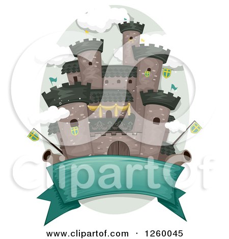 Clipart of a Banner Under a Medieval Castle with Flags and Cannons - Royalty Free Vector Illustration by BNP Design Studio