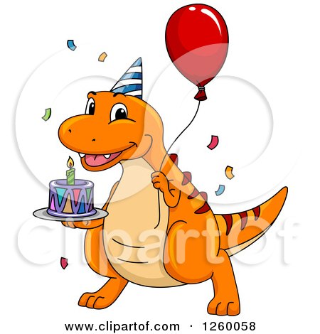 Clipart of a Happy Birthday Dinosaur Holding a Balloon and Cake - Royalty Free Vector Illustration by BNP Design Studio