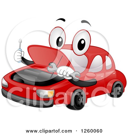 Clipart of a Red Car Mascot Repairing Its Own Engine - Royalty Free Vector Illustration by BNP Design Studio