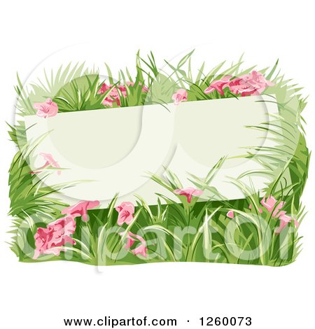 Clipart of a Blanks Sign in a Patch of Pink Flowers - Royalty Free Vector Illustration by BNP Design Studio