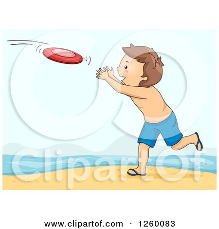 Clipart of a Caucasian Boy Playing Frisbee on a Beach - Royalty Free Vector Illustration by BNP Design Studio