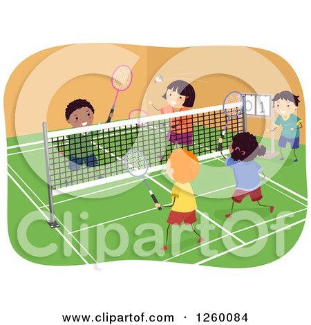 Clipart of Happy Children Playing Badminton on an Indoor Court - Royalty Free Vector Illustration by BNP Design Studio