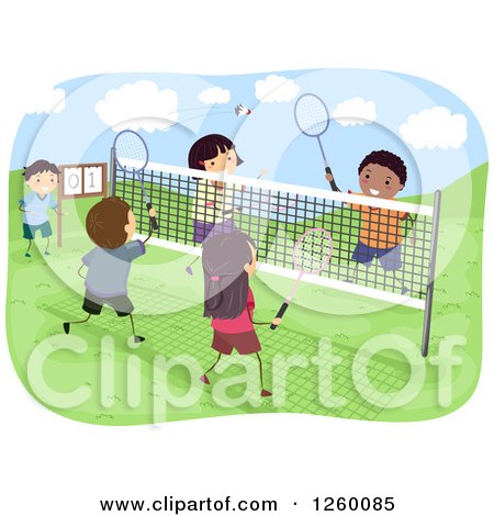Clipart of Happy Children Playing Badminton on an Outdoor Court - Royalty Free Vector Illustration by BNP Design Studio