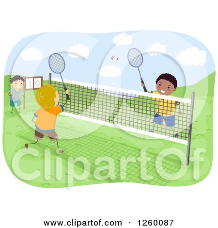 Clipart of Boys Playing Badminton on an Outdoor Court - Royalty Free Vector Illustration by BNP Design Studio