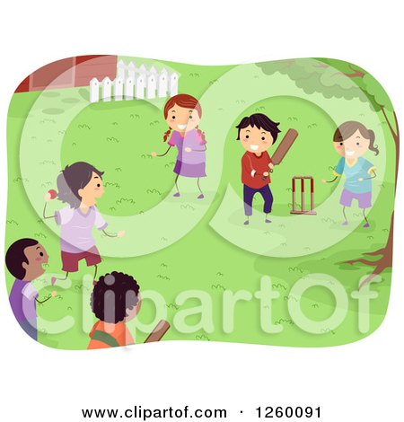 Clipart of Happy Children Playing Cricket in a Yard - Royalty Free Vector Illustration by BNP Design Studio