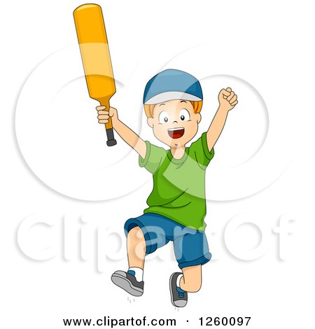 Clipart of a Caucasian Boy Jumping with a Cricket Bat - Royalty Free Vector Illustration by BNP Design Studio