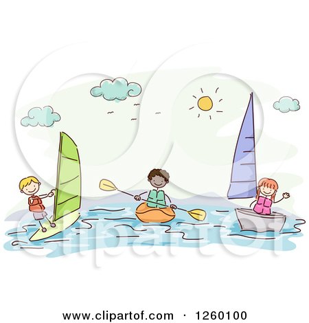 Clipart of Sketched Stick Kids Boating and Windsurfing - Royalty Free Vector Illustration by BNP Design Studio