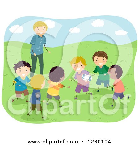 Clipart of a Coach Watching Boys Playing Rugby - Royalty Free Vector Illustration by BNP Design Studio