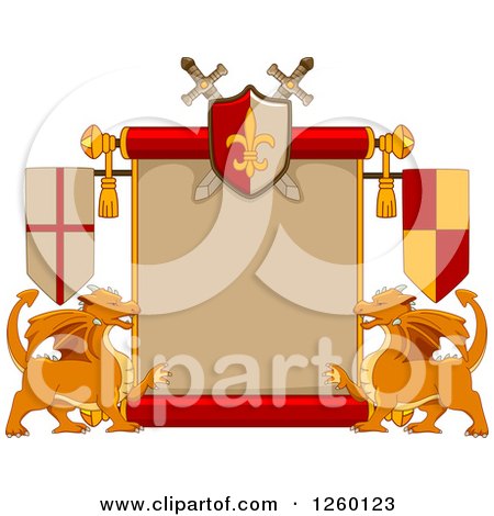 Clipart of a Heraldic Scroll with Swords and Dragons - Royalty Free Vector Illustration by BNP Design Studio