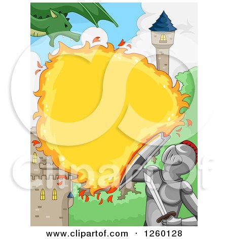 Clipart of a Knight Blocking Fire from a Dragon at a Castle - Royalty Free Vector Illustration by BNP Design Studio
