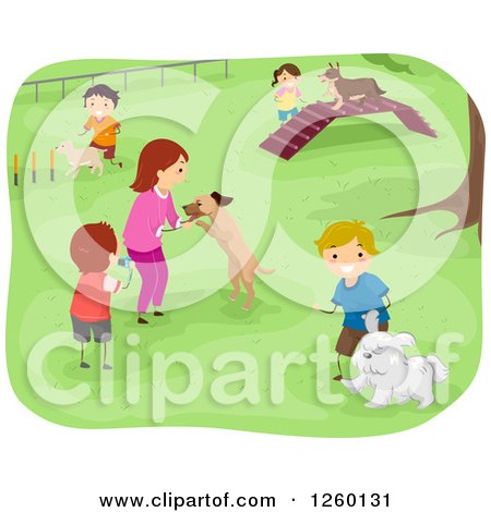 Clipart of an Outdoor Agility Course with Children and Dogs - Royalty Free Vector Illustration by BNP Design Studio