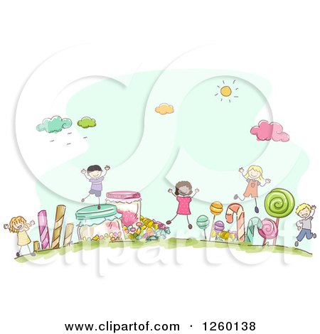 Clipart of Sketched Stick Kids in a Candy Land - Royalty Free Vector Illustration by BNP Design Studio