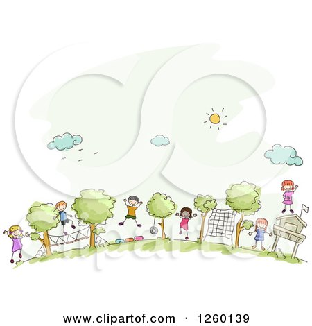 Clipart of Sketched Stick Kids Playing at a Summer Camp - Royalty Free Vector Illustration by BNP Design Studio