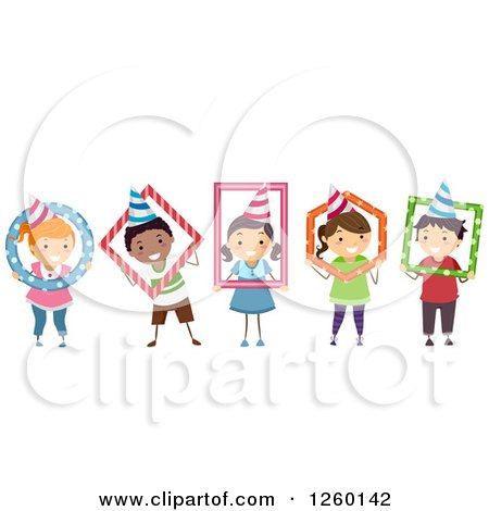 Clipart of a Group of Happy Children Wearing Party Hats and Posing in Frames - Royalty Free Vector Illustration by BNP Design Studio