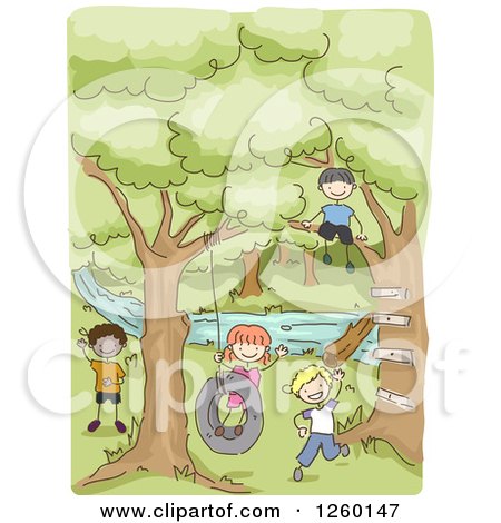 Clipart of Sketched Stick Kids Playing in the Woods - Royalty Free Vector Illustration by BNP Design Studio