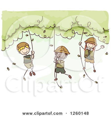 Clipart of Sketched Jungle Stick Kids Swinging from Ropes - Royalty Free Vector Illustration by BNP Design Studio