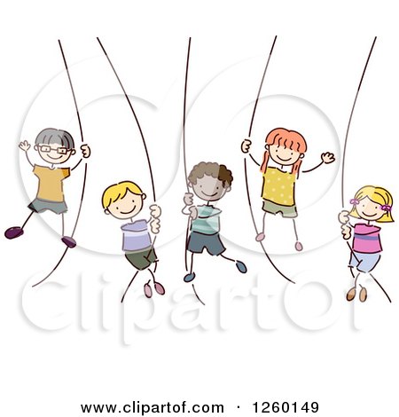 Clipart of Sketched Stick Kids Swinging from Ropes - Royalty Free Vector Illustration by BNP Design Studio
