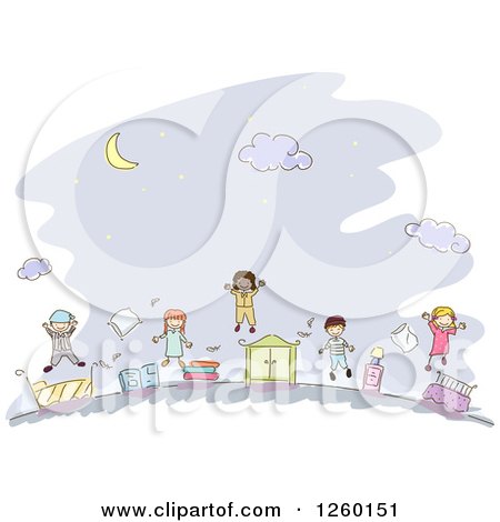 Clipart of Sketched Stick Kids in Pajamas - Royalty Free Vector Illustration by BNP Design Studio