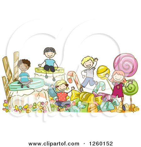 Clipart of Sketched Stick Kids Playing in Giant Candy - Royalty Free Vector Illustration by BNP Design Studio