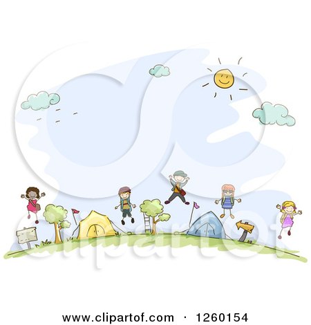 Clipart of Sketched Stick Kids Jumping at a Campground - Royalty Free Vector Illustration by BNP Design Studio