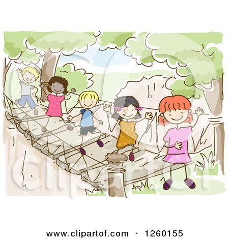 Clipart of Sketched Stick Kids at a Hanging Bridge - Royalty Free Vector Illustration by BNP Design Studio