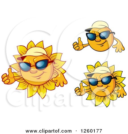 Clipart of Happy Summer Suns Wearing Shades and Hats and Giving Thumbs up - Royalty Free Vector Illustration by Vector Tradition SM