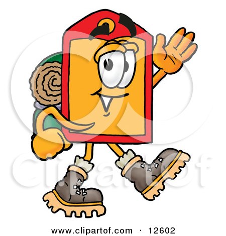 Clipart Picture of a Price Tag Mascot Cartoon Character Hiking and Carrying a Backpack by Mascot Junction