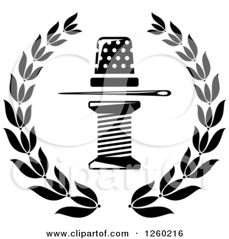 Clipart of a Black and White Thimble Needle and Spool of Thread in a Laurel Wreath - Royalty Free Vector Illustration by Vector Tradition SM