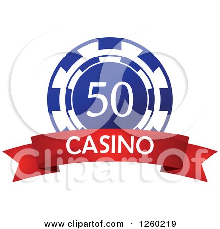 Clipart of a Blue 50 Poker Chip with a Casino Text Banner - Royalty Free Vector Illustration by Vector Tradition SM