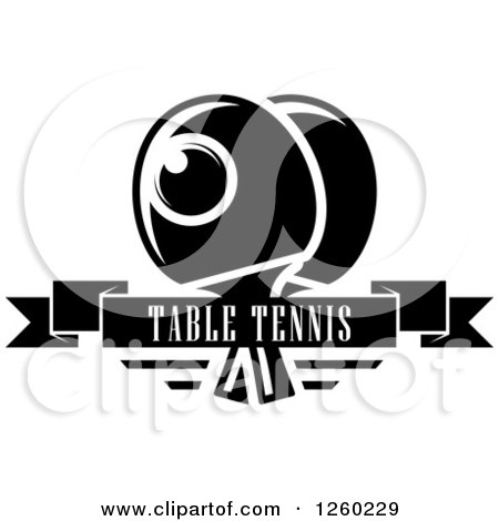 Clipart of a Black and White Ping Pong Ball and Table Tennis Paddles with a Text Banner - Royalty Free Vector Illustration by Vector Tradition SM
