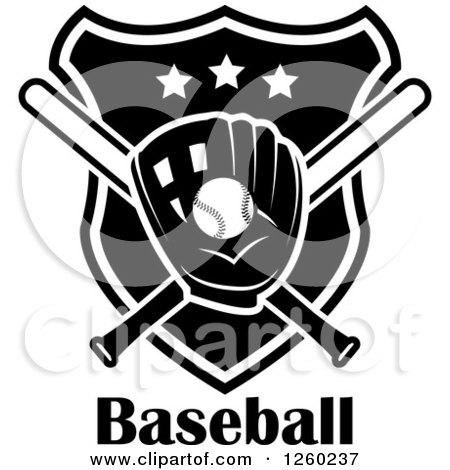Clipart of a Black and White Baseball in a Mitt over Crossed Bats and a Shield Above Text - Royalty Free Vector Illustration by Vector Tradition SM