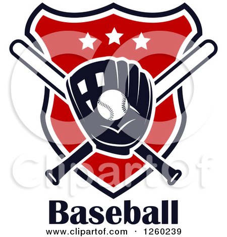 Clipart of a Baseball in a Mitt over Crossed Bats on a Shield Above Text - Royalty Free Vector Illustration by Vector Tradition SM