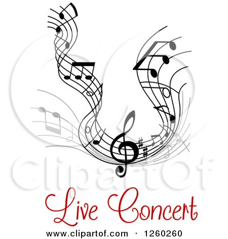 Clipart of Grayscale Flowing Music Notes and Red Live Concert Text - Royalty Free Vector Illustration by Vector Tradition SM