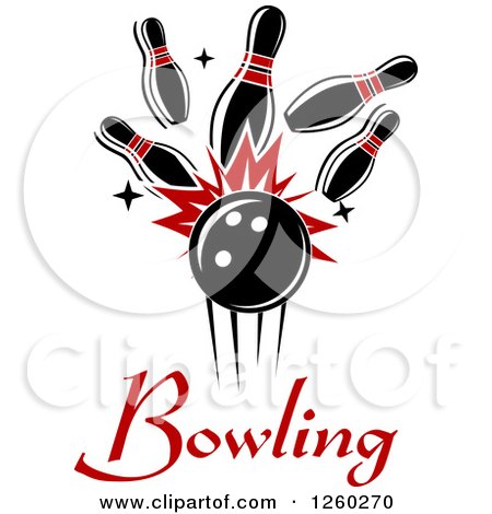 Clipart of a Bowling Ball Crashing into Pins over Text - Royalty Free Vector Illustration by Vector Tradition SM