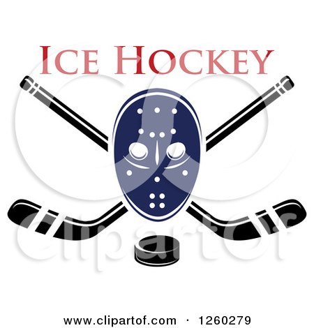 Clipart of a Hockey Mask over Crossed Sticks and a Puck Under Text - Royalty Free Vector Illustration by Vector Tradition SM