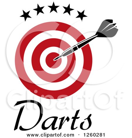 Clipart of a Throwing Dart over a Blue Target Under Stars with Text - Royalty Free Vector Illustration by Vector Tradition SM
