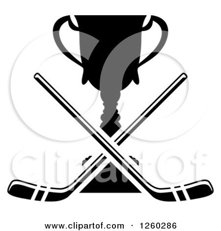 Clipart of Black and White Crossed Hockey Sticks over a Trophy - Royalty Free Vector Illustration by Vector Tradition SM