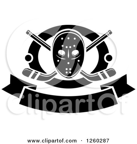Clipart of a Black and White Hockey Mask over Crossed Sticks and Pucks in a Ring Above a Blank Banner - Royalty Free Vector Illustration by Vector Tradition SM