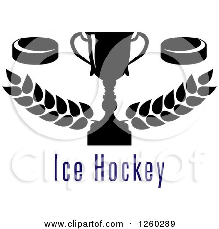 Clipart of Hockey Pucks and a Trophy with a Laurel over Text - Royalty Free Vector Illustration by Vector Tradition SM